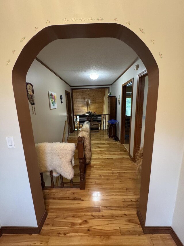 55 Pember Rd, Levant, ME 04456 - corridor with arched walkways, light wood-type flooring, baseboards, and a textured ceiling