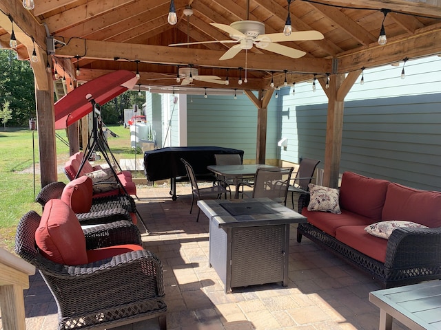 815 Grant Rd, Corinth, ME 04427 - view of patio with outdoor lounge area, a gazebo, outdoor dining space, and a ceiling fan