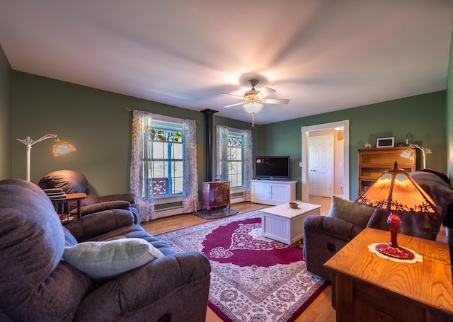 815 Grant Rd, Corinth, ME 04427 - living area featuring light wood finished floors, ceiling fan, and a baseboard radiator
