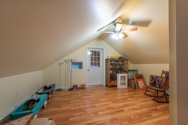 815 Grant Rd, Corinth, ME 04427 - additional living space featuring light wood finished floors, vaulted ceiling, and ceiling fan