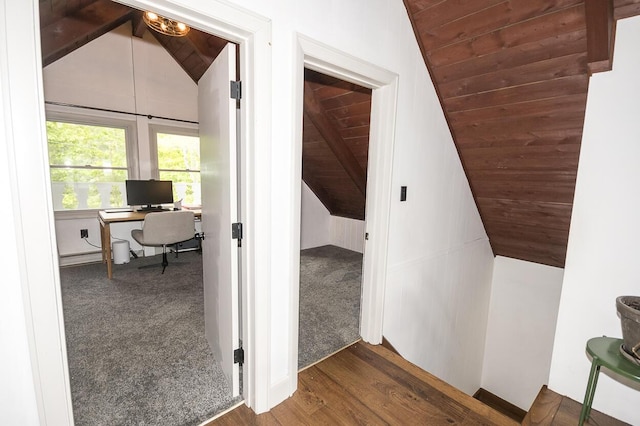 37 Hubbard Rd, Berwick, ME 03901 - hall featuring wooden ceiling, an office area, wood finished floors, and carpet flooring