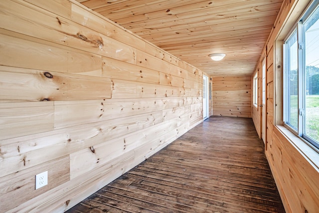 58 Pequawket Trl, Baldwin, ME 04024 - corridor with wood ceiling, wood walls, and dark wood-style flooring