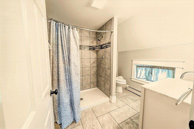 304 Main Rd N, Hampden, ME 04444 - bathroom with a baseboard heating unit, toilet, a stall shower, and vanity