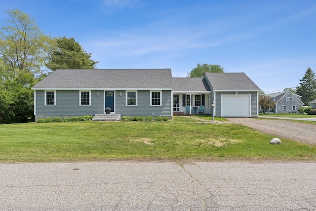 16 Marsh View Ave, Kennebunk, ME 04043 - ranch-style home with a garage, dirt driveway, a front yard, and a shingled roof