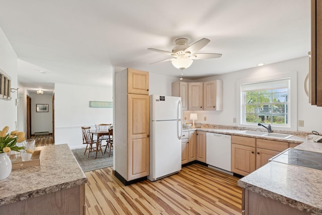 16 Marsh View Ave, Kennebunk, ME 04043 - kitchen with white appliances, a sink, light brown cabinetry, light wood-style flooring, and ceiling fan