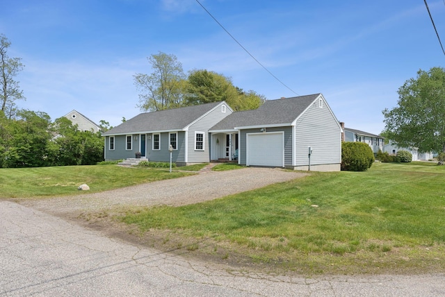 16 Marsh View Ave, Kennebunk, ME 04043 - single story home with a garage, gravel driveway, a front yard, and roof with shingles