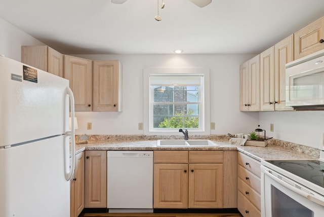 16 Marsh View Ave, Kennebunk, ME 04043 - kitchen featuring white appliances, light brown cabinetry, a sink, and light countertops