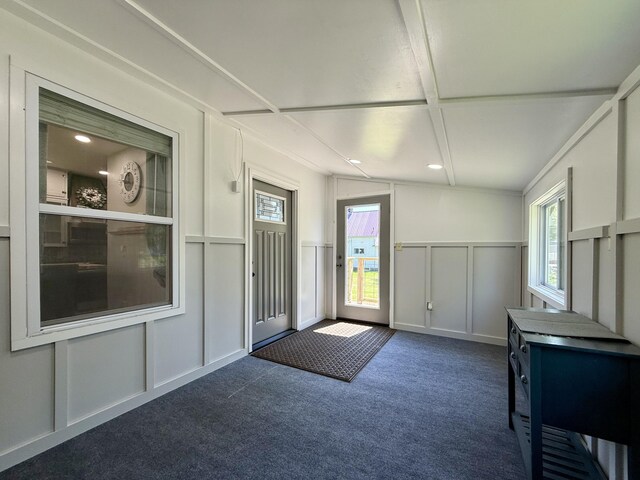 88 Union St, Calais, ME 04619 - entryway featuring a decorative wall, dark carpet, a wainscoted wall, and recessed lighting