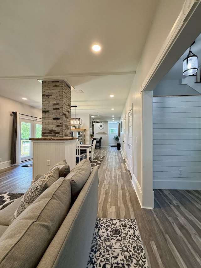 88 Union St, Calais, ME 04619 - hall featuring wood finished floors, baseboards, and recessed lighting