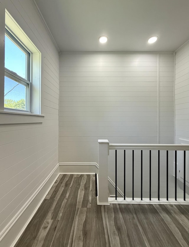 88 Union St, Calais, ME 04619 - hallway with an upstairs landing, dark wood-style floors, baseboards, and recessed lighting