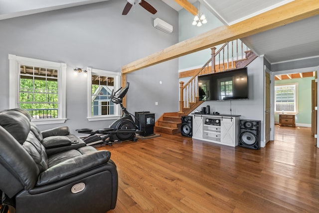 55 Mountain View Ext, Rockland, ME 04841 - living area featuring stairway, wood finished floors, beamed ceiling, a ceiling fan, and high vaulted ceiling