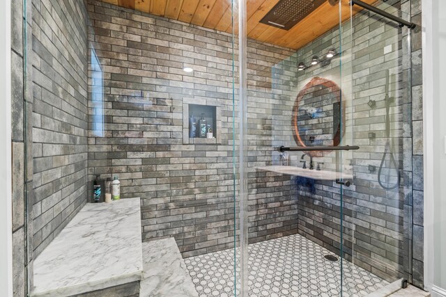 55 Mountain View Ext, Rockland, ME 04841 - bathroom with wood ceiling and a stall shower