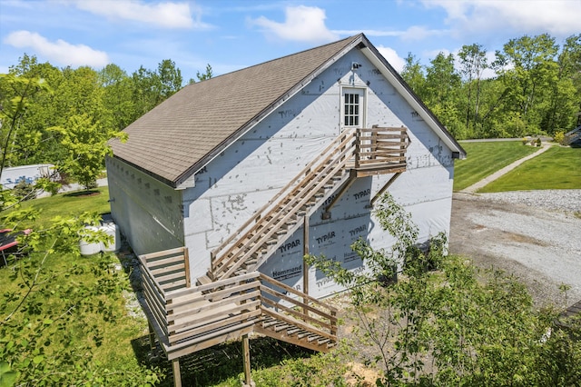 55 Mountain View Ext, Rockland, ME 04841 - view of property exterior with stairs, a lawn, and a shingled roof