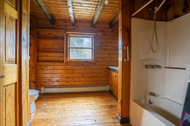 526 Range Rd, Dover-Foxcroft, ME 04426 - full bathroom with a baseboard radiator, a wooden ceiling with exposed beams, wood-type flooring, wooden walls, and washtub / shower combination