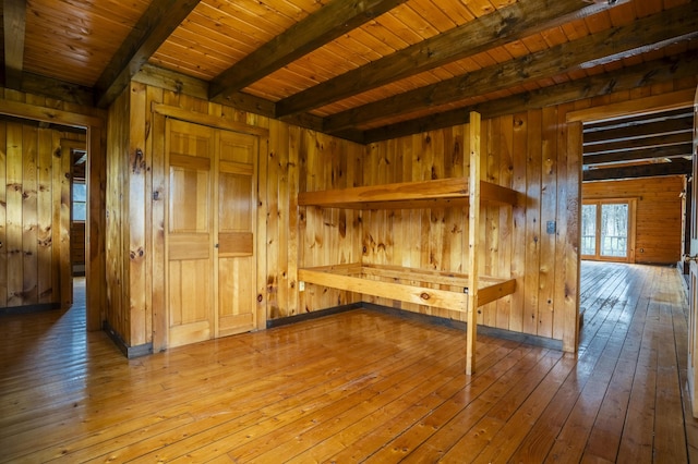 526 Range Rd, Dover-Foxcroft, ME 04426 - empty room with wood walls, hardwood / wood-style flooring, a sauna, and a wood ceiling with exposed beams