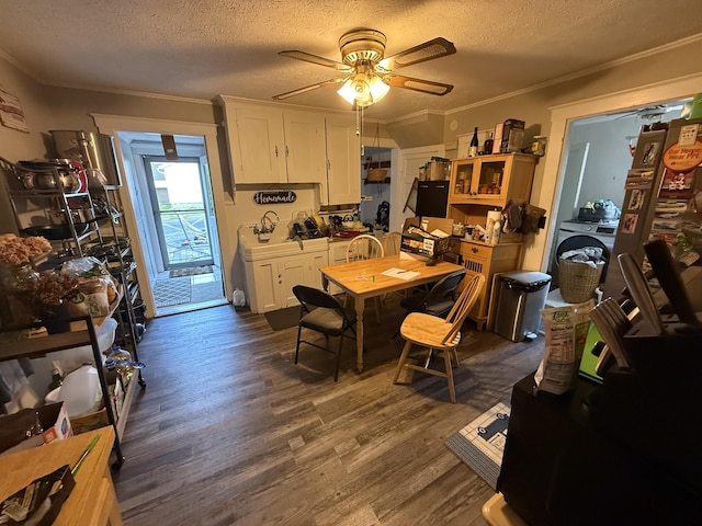 43 Rosedale St, Lewiston, ME 04240 - kitchen with ceiling fan, white cabinetry, dark wood finished floors, a textured ceiling, and crown molding