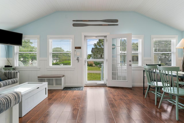 14 Larrys Ldg Unit 14, Ogunquit, ME 03907 - doorway to outside featuring lofted ceiling, wainscoting, and dark wood-type flooring