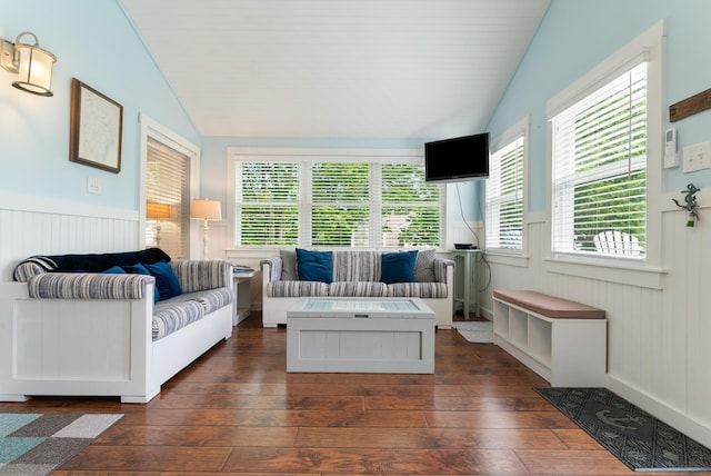 14 Larrys Ldg Unit 14, Ogunquit, ME 03907 - living room featuring lofted ceiling, dark wood-style flooring, and wainscoting