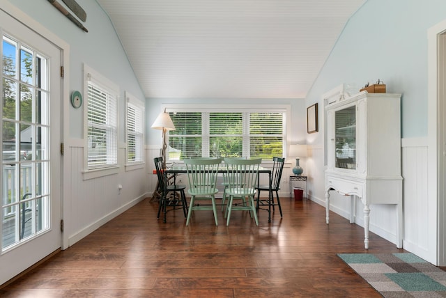 14 Larrys Ldg Unit 14, Ogunquit, ME 03907 - dining area with lofted ceiling, a wainscoted wall, and hardwood / wood-style flooring