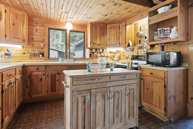 66 Myron Hall Rd, Raymond, ME 04071 - kitchen featuring black microwave, brick patterned flooring, white range, wood ceiling, and light countertops