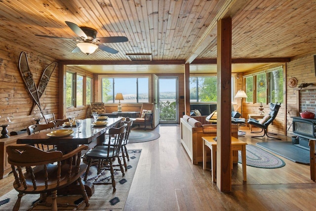 66 Myron Hall Rd, Raymond, ME 04071 - dining space with wood ceiling, a wood stove, healthy amount of natural light, wood-type flooring, and wood walls