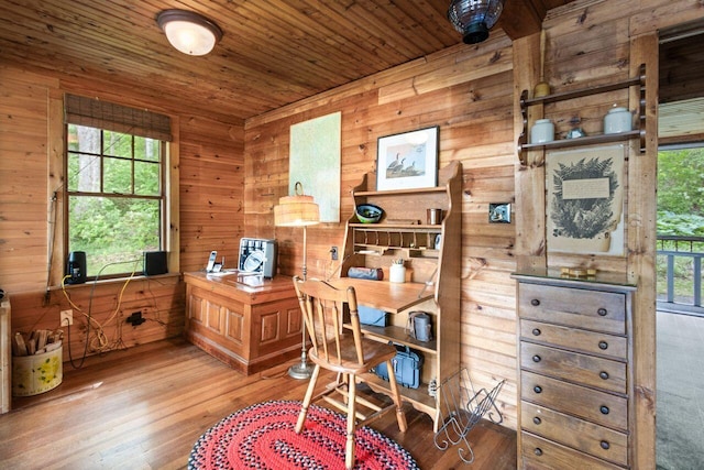 66 Myron Hall Rd, Raymond, ME 04071 - home office with wooden walls, healthy amount of natural light, wooden ceiling, and wood finished floors