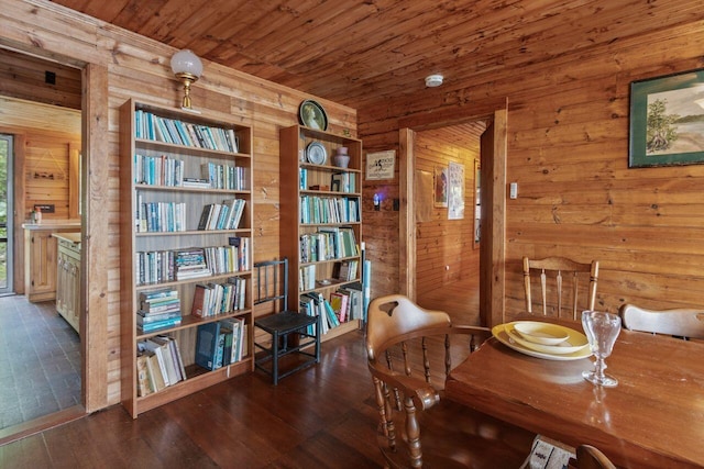 66 Myron Hall Rd, Raymond, ME 04071 - dining room with wood walls, hardwood / wood-style floors, and wood ceiling