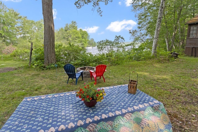 66 Myron Hall Rd, Raymond, ME 04071 - view of green lawn with a fire pit and a patio area