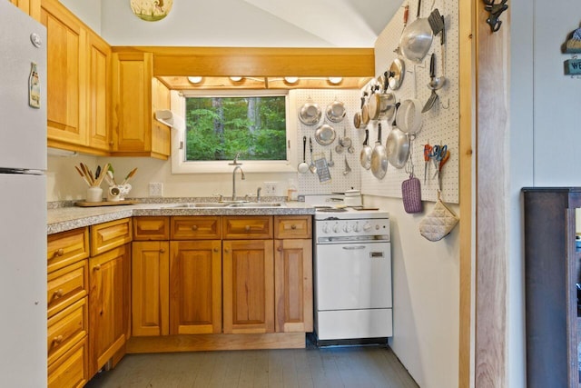 66 Myron Hall Rd, Raymond, ME 04071 - kitchen with white appliances, a sink, light countertops, and hardwood / wood-style flooring