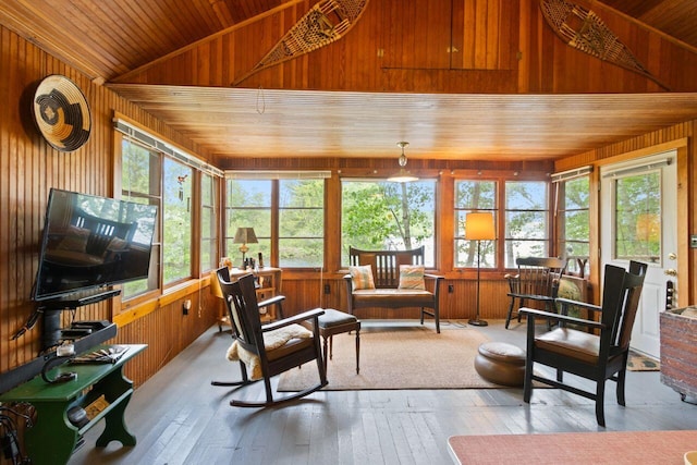 66 Myron Hall Rd, Raymond, ME 04071 - sunroom / solarium featuring wooden walls, wood ceiling, vaulted ceiling, healthy amount of natural light, and hardwood / wood-style floors