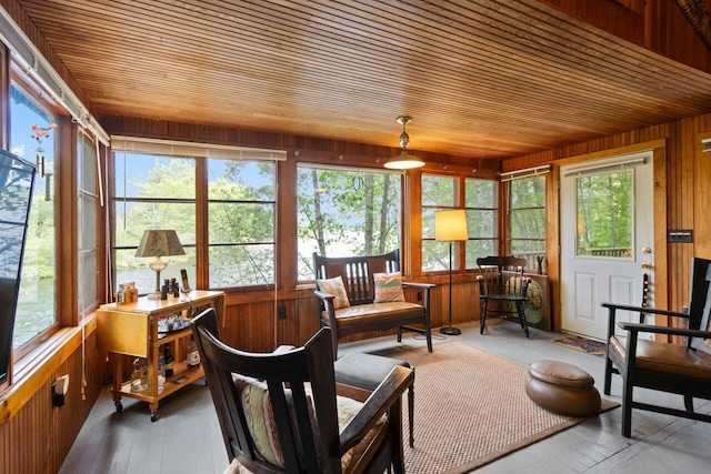 66 Myron Hall Rd, Raymond, ME 04071 - sunroom with wooden ceiling, wood walls, and hardwood / wood-style floors