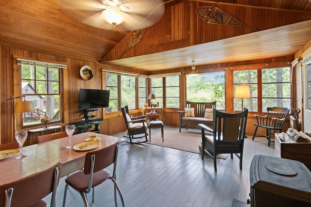 66 Myron Hall Rd, Raymond, ME 04071 - living room featuring wooden walls, plenty of natural light, wood ceiling, ceiling fan, and hardwood / wood-style floors