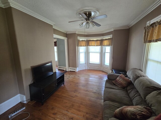 25 Jarvis Gore Dr, Eddington, ME 04428 - living room with plenty of natural light, a ceiling fan, hardwood / wood-style floors, a textured ceiling, and ornamental molding