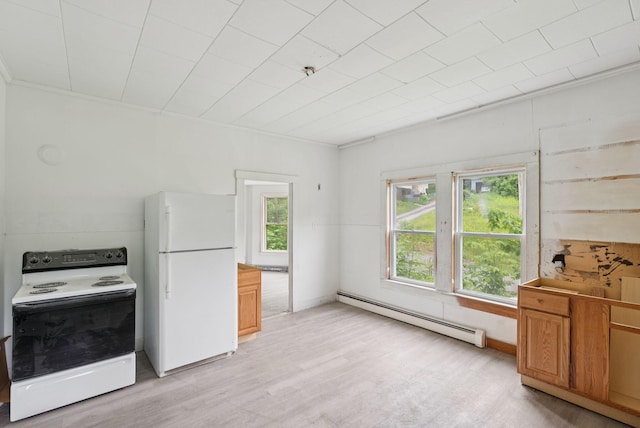 9 Maple St, Jay, ME 04239 - kitchen with white appliances, a baseboard radiator, light wood-style floors, and ornamental molding