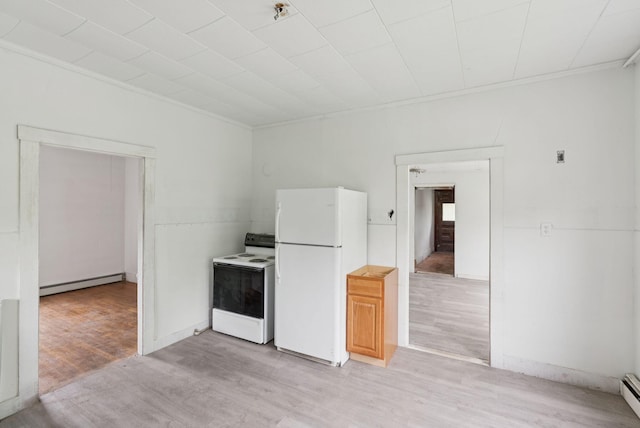 9 Maple St, Jay, ME 04239 - kitchen with white appliances, a baseboard heating unit, light wood-style flooring, and ornamental molding