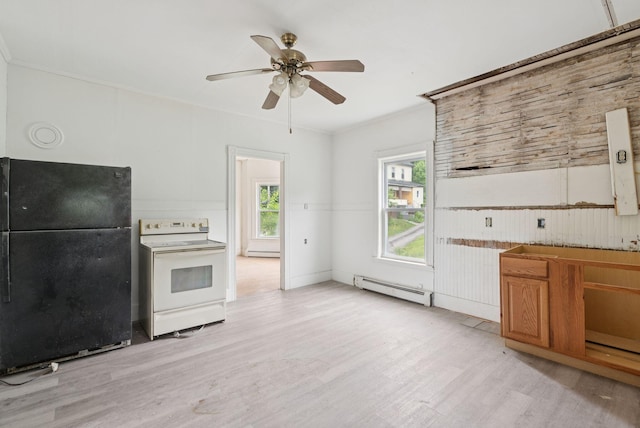 9 Maple St, Jay, ME 04239 - kitchen featuring white range with electric cooktop, freestanding refrigerator, a baseboard heating unit, light wood finished floors, and ceiling fan