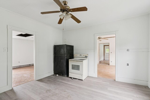9 Maple St, Jay, ME 04239 - kitchen with white electric stove, freestanding refrigerator, light wood-style flooring, a ceiling fan, and ornamental molding