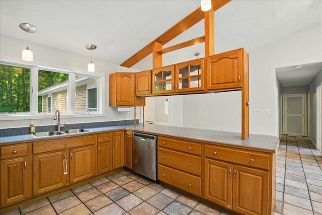14 Goshen Ln, New Gloucester, ME 04260 - kitchen featuring stainless steel dishwasher, a sink, brown cabinets, a peninsula, and decorative light fixtures