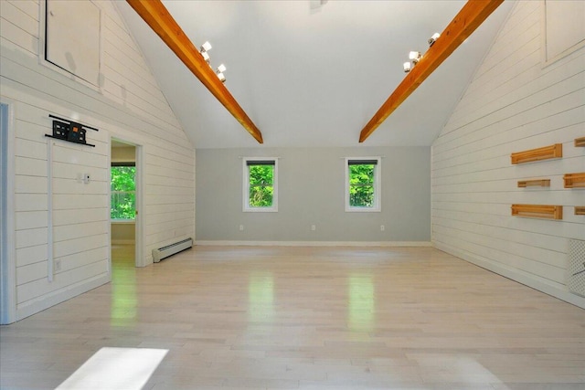 14 Goshen Ln, New Gloucester, ME 04260 - bonus room with a baseboard radiator, beamed ceiling, wooden walls, light wood-type flooring, and baseboards