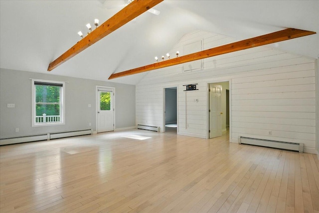 14 Goshen Ln, New Gloucester, ME 04260 - unfurnished living room featuring baseboard heating, beamed ceiling, light wood-style flooring, and high vaulted ceiling