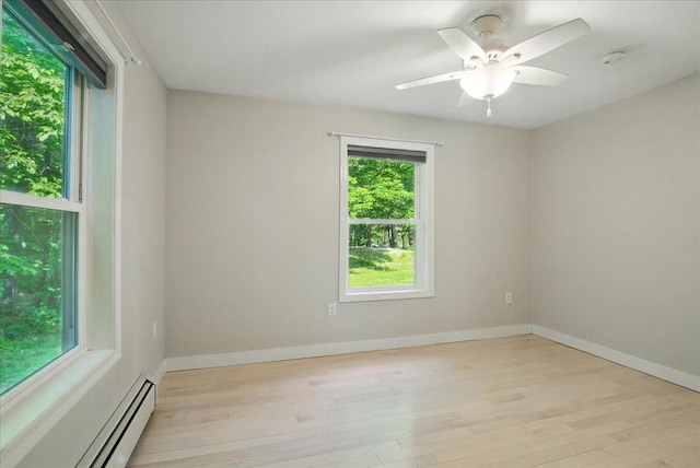 14 Goshen Ln, New Gloucester, ME 04260 - unfurnished room with baseboard heating, light wood-type flooring, a smoke detector, baseboards, and a ceiling fan