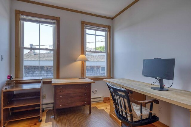 51 Main St Unit 2, Stonington, ME 04681 - home office featuring baseboard heating, ornamental molding, and wood finished floors