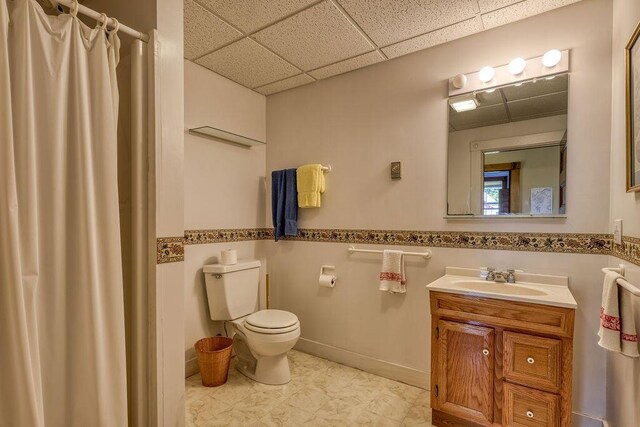 51 Main St Unit 2, Stonington, ME 04681 - bathroom featuring a paneled ceiling, vanity, and a shower with shower curtain