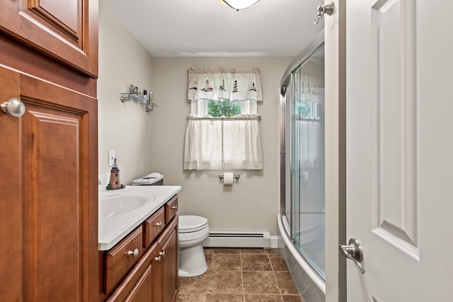 534 Summit St, Portland, ME 04103 - full bathroom featuring a baseboard heating unit, a shower with door, and vanity
