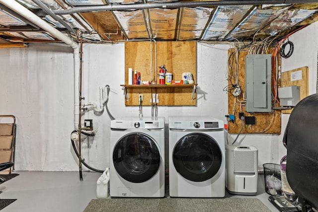 534 Summit St, Portland, ME 04103 - laundry room featuring electric panel, oil tank, and washing machine and dryer