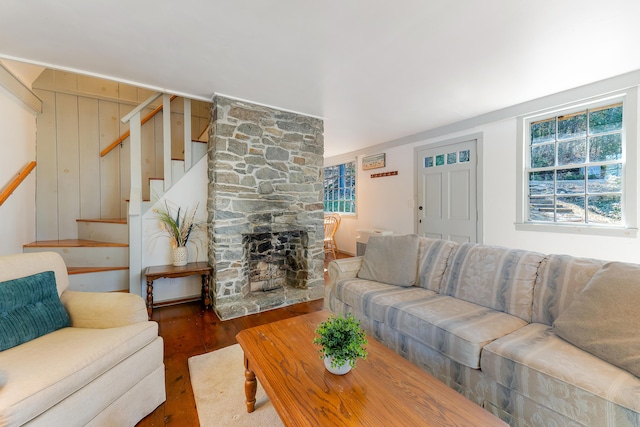 36 Hodgdon Rd, Westport Island, ME 04578 - living area featuring wood finished floors, healthy amount of natural light, and stairway