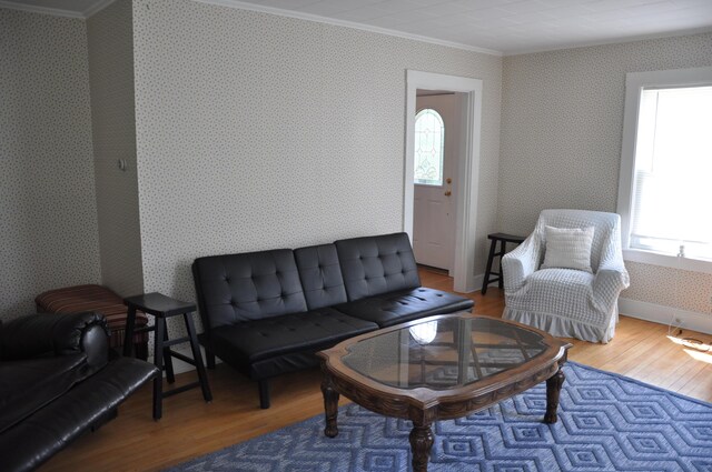 5 Charles St, Orono, ME 04473 - living room with crown molding, wood finished floors, and wallpapered walls