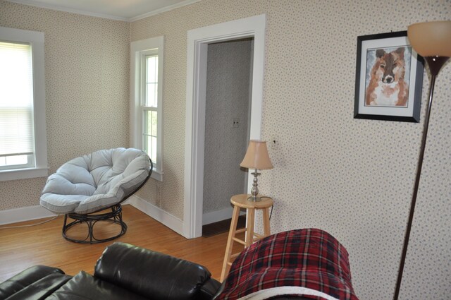 5 Charles St, Orono, ME 04473 - sitting room featuring wood finished floors, ornamental molding, healthy amount of natural light, and baseboards