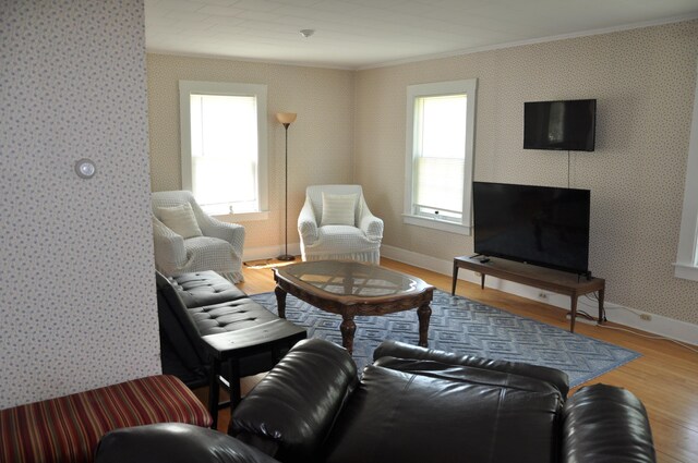 5 Charles St, Orono, ME 04473 - living area with crown molding, wood finished floors, wallpapered walls, and baseboards