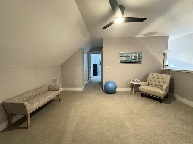 3 Jennifer Ln Unit 1, Wells, ME 04090 - living area with ceiling fan, carpet floors, lofted ceiling, and baseboards